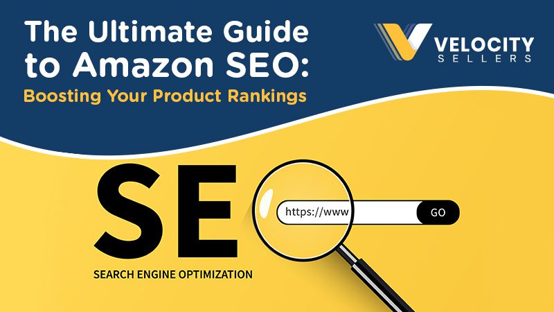 Amazon SEO visualization with a search bar and magnify tool representing the search algorithm.