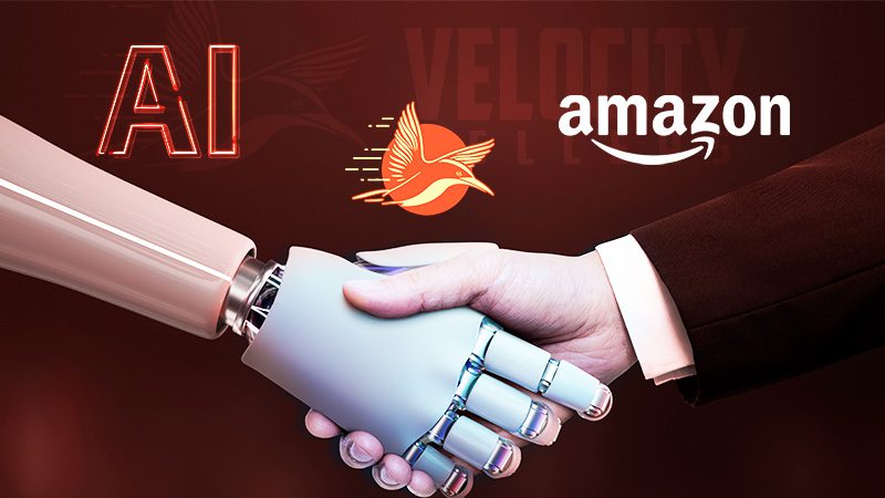 Illustration of physical and holographic hands touching, symbolizing the fusion of AI and Amazon's innovation