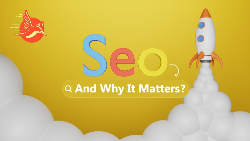 The word “SEO” in colorful letters on a yellow background, being lifted by a rocket ship.