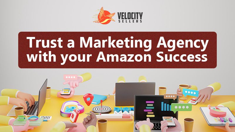 Full-Service Amazon Management: Animated professionals at a colorful desk strategizing for Amazon success with a marketing agency.