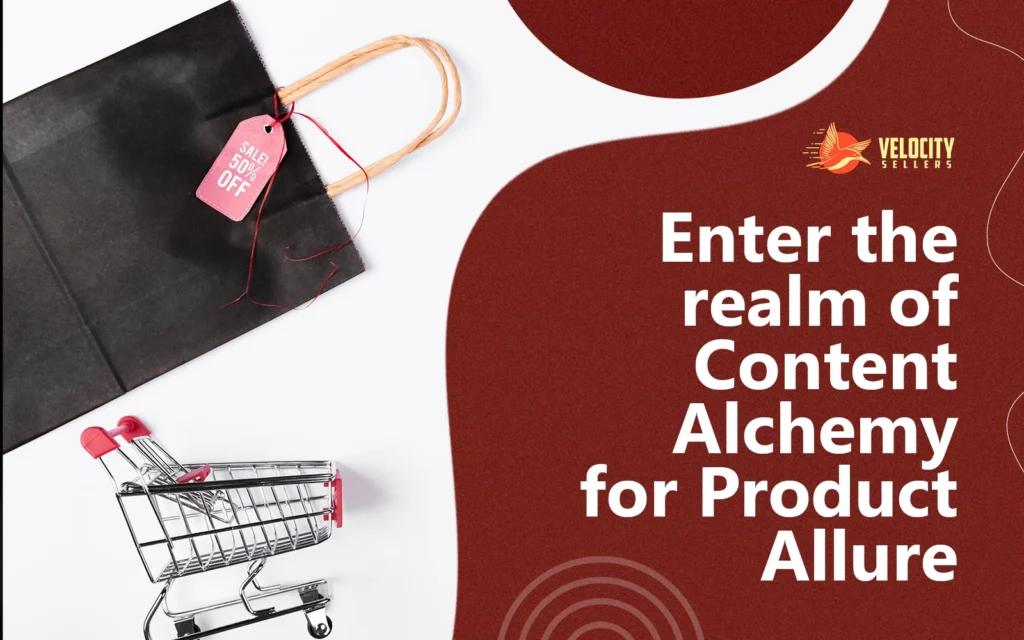 A black shopping bag with a red 50% off tag and a small shopping cart on a white and red background featuring the phrase “Enter the realm of Content Alchemy for Product Allure.”