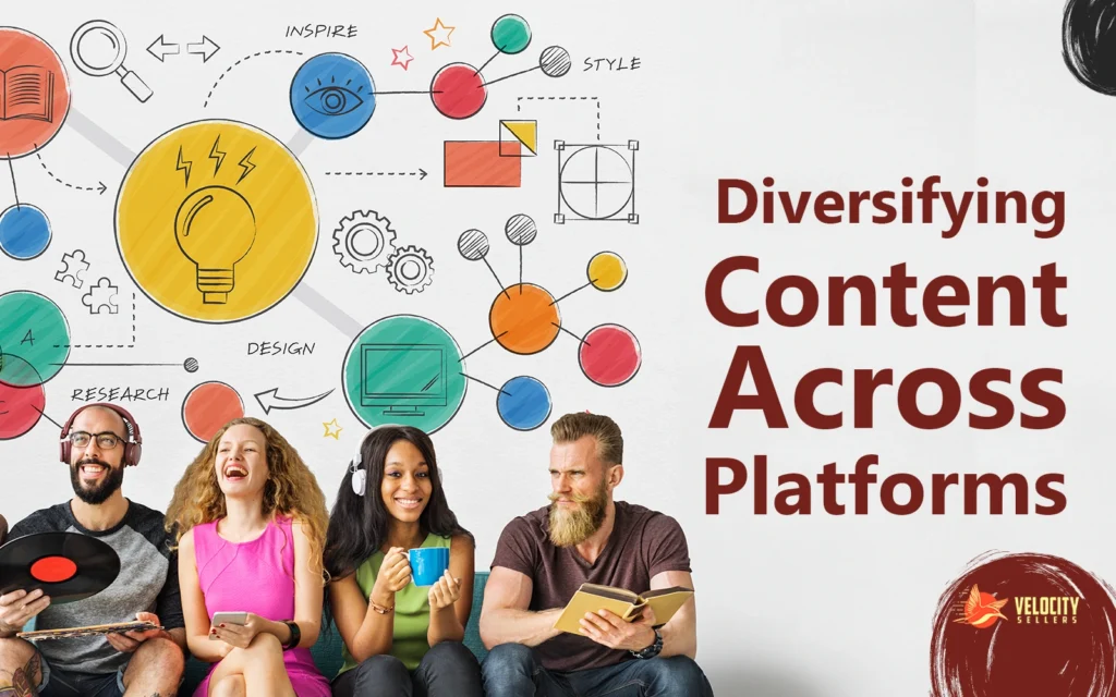 Group of creative professionals sitting in front of a wall filled with colorful content strategy icons, symbolizing digital content diversification.