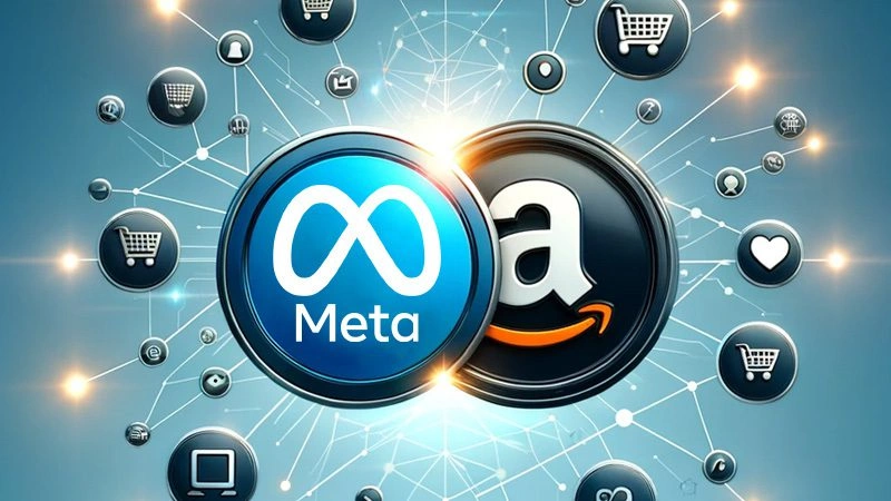 A network of online interaction icons connecting the logos of Meta and Amazon, illustrating their integration in the digital ecosystem with Amazon and Meta.