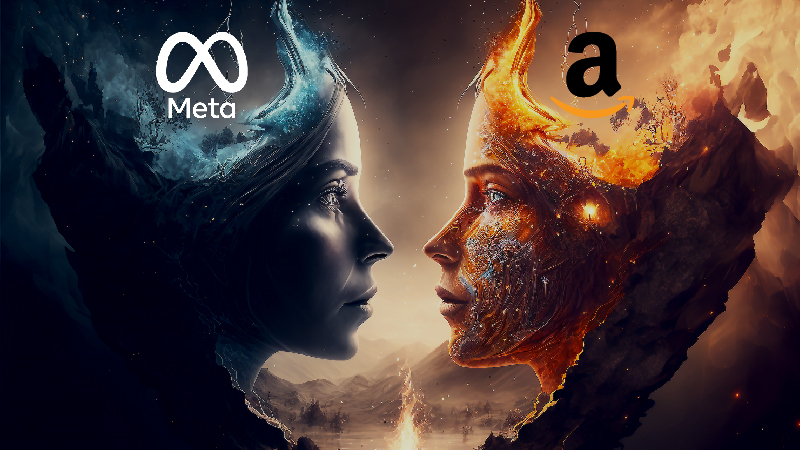 A visually striking representation of two tech giants, with “Meta” encased in ice and “Amazon” surrounded by fire, illustrating the dynamic between Amazon and Meta.