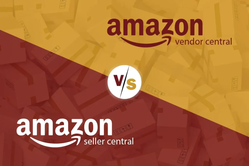Amazon Vendor Central versus Amazon Seller Central comparison with overlapping yellow and red boxes