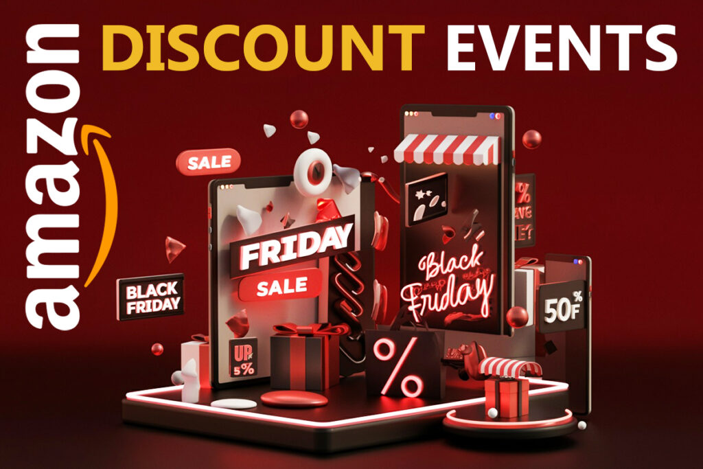 3D render of Amazon Black Friday sale with neon red lights, gift boxes, and discount signs.