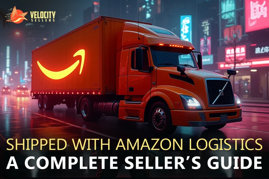 Shipped with Amazon Logistics truck at night in a neon-lit city—complete seller’s guide cover by Velocity Sellers