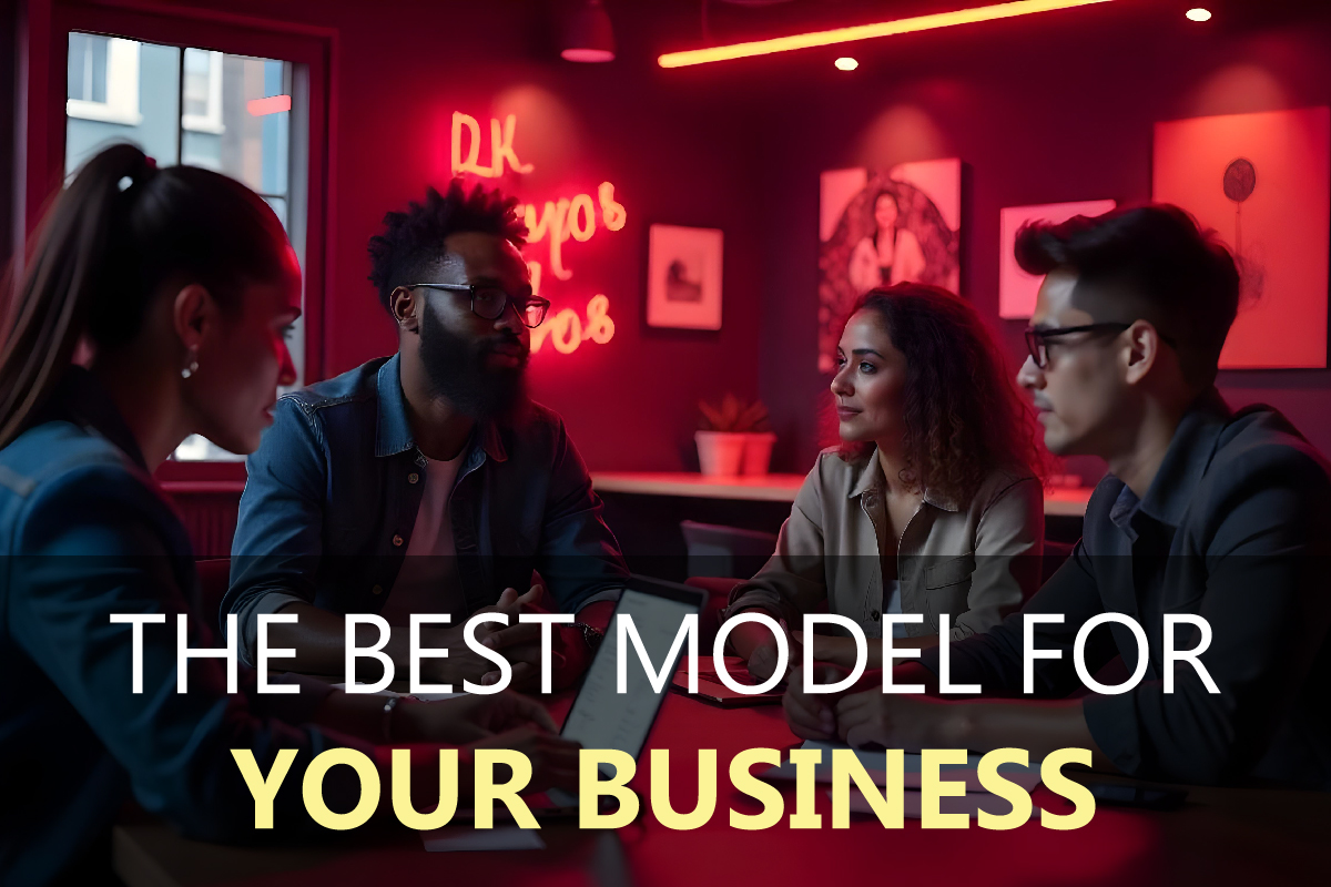 Business team discussing strategy in a modern red-lit office.