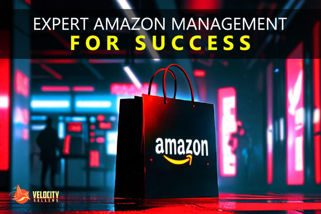 Black shopping bag with Amazon logo in a futuristic neon-lit shopping environment.