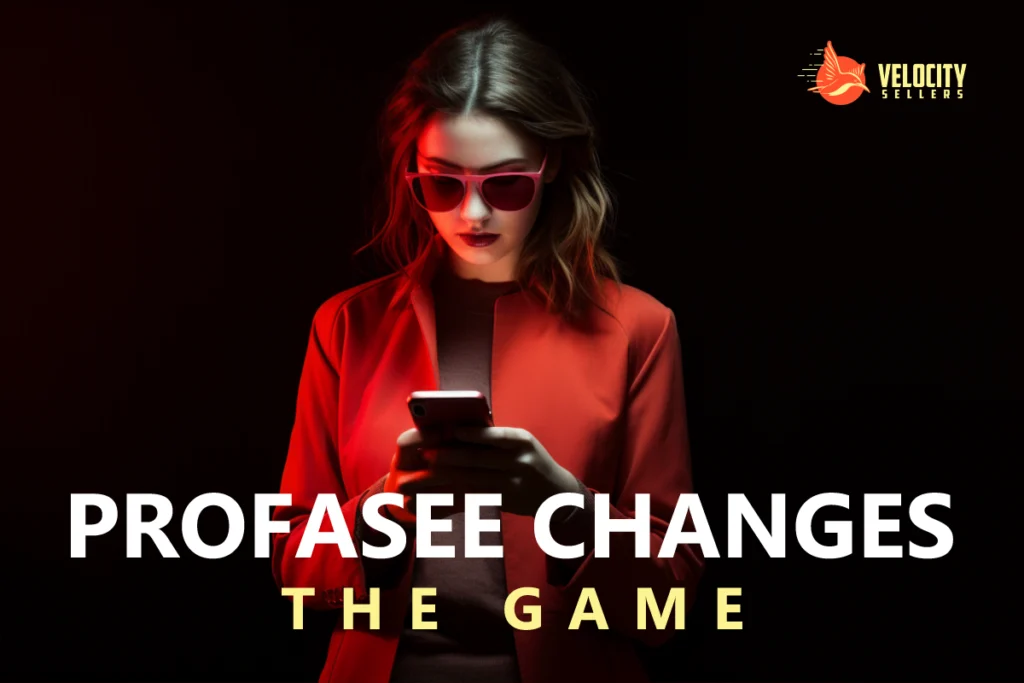 Woman in red jacket and sunglasses looking at her phone, representing Profasee’s impact on eCommerce pricing strategy.
