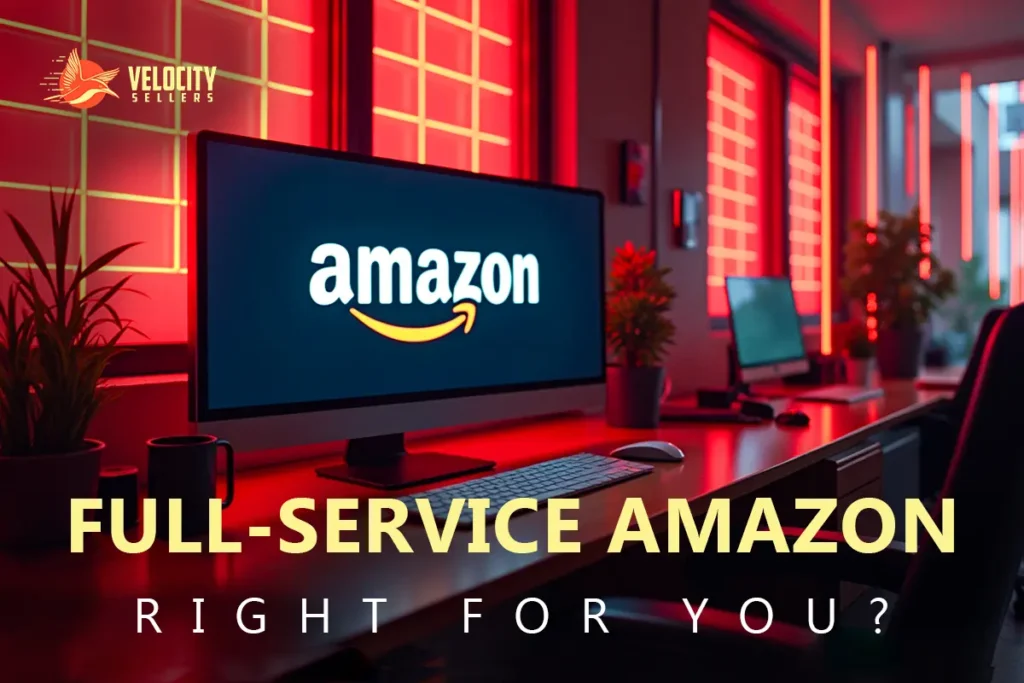Full-Service Amazon – A high-tech workspace with an Amazon logo displayed on a computer screen, illuminated with red neon lighting.