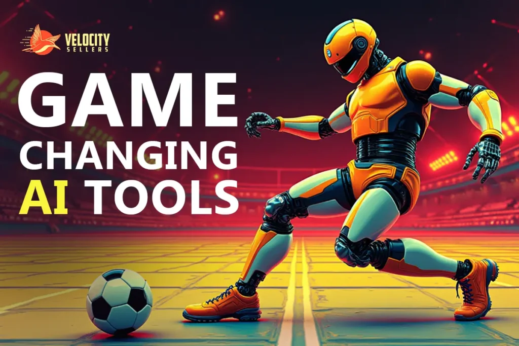 Futuristic robot playing soccer representing innovation with AI tools for Amazon sellers.