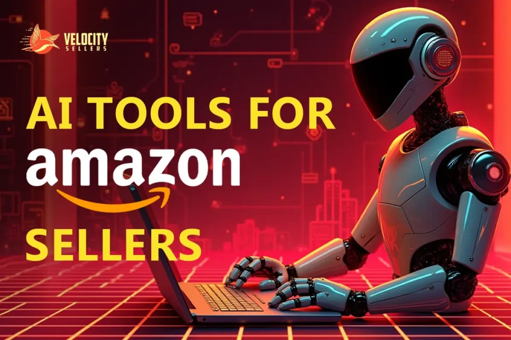 Futuristic AI robot working on a laptop with glowing tech-themed background, representing AI Tools for Amazon sellers.
