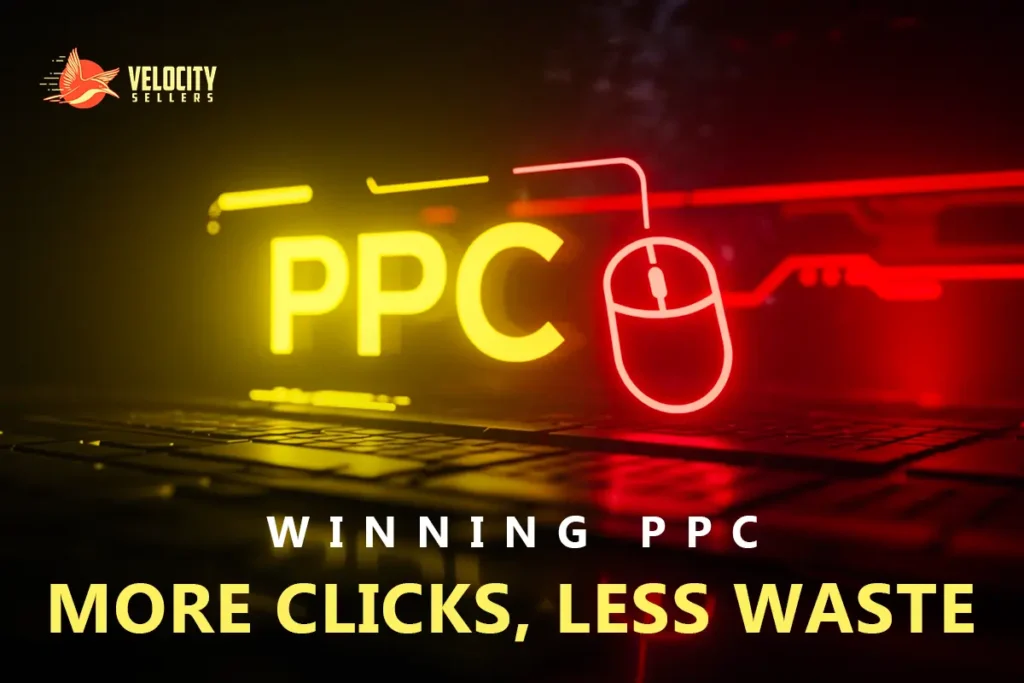 Neon PPC sign glowing above a keyboard representing Amazon PPC strategy and performance.