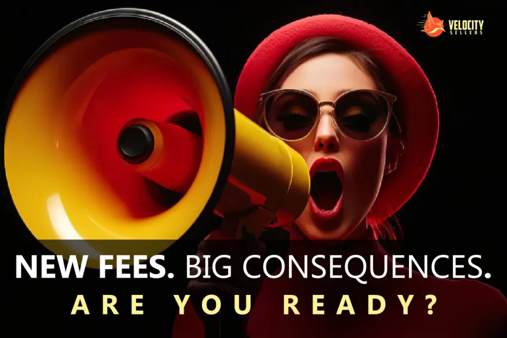 Woman shouting into a megaphone about new Amazon fees.