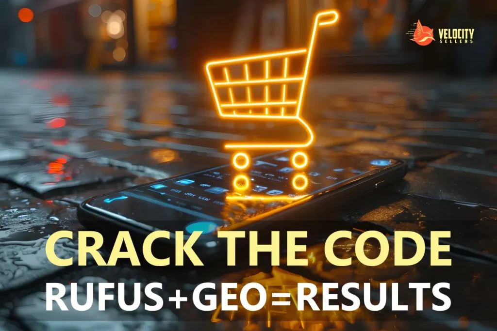 Amazon Rufus optimization concept with glowing shopping cart above a smartphone.