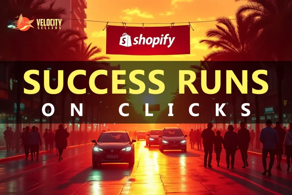 Shopify Success on a vibrant city street at sunset.