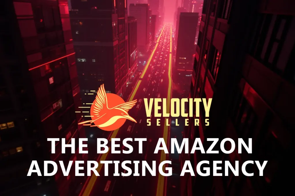 Futuristic city skyline with glowing red lights and the Velocity Sellers logo.
