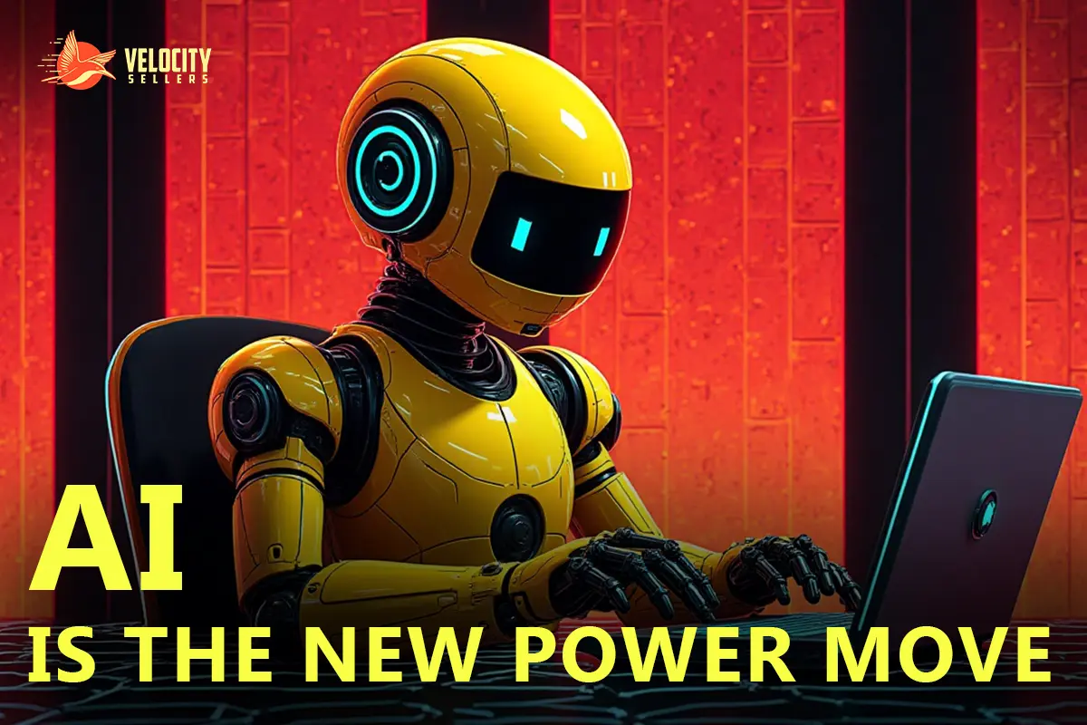 Futuristic yellow robot using a laptop representing AI for e-commerce growth.