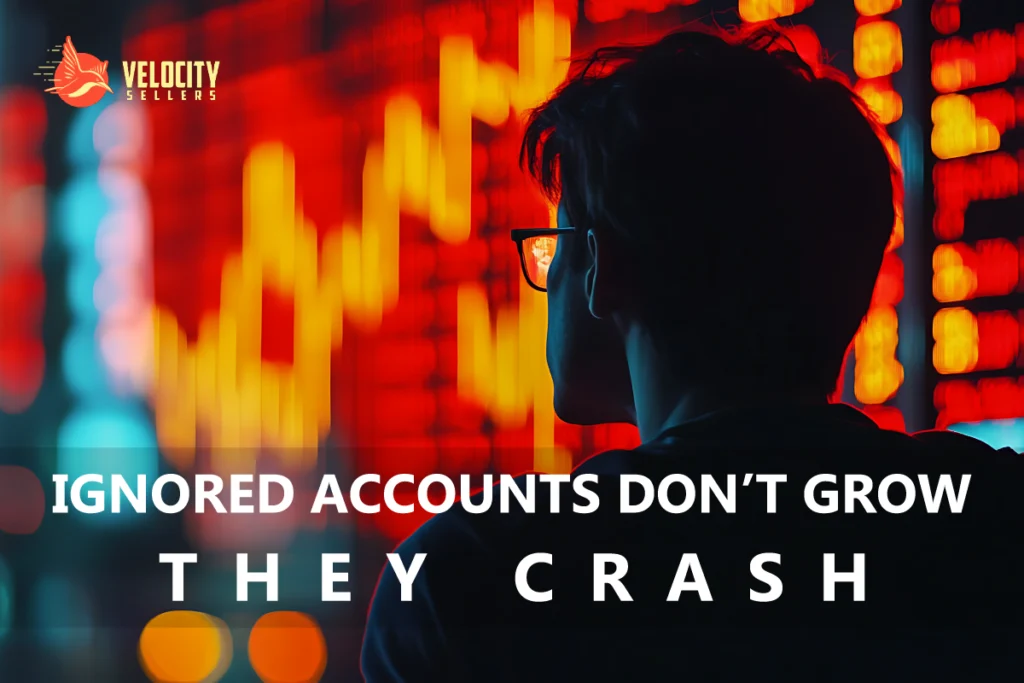 Person analyzing declining data charts symbolizing neglected Amazon accounts.