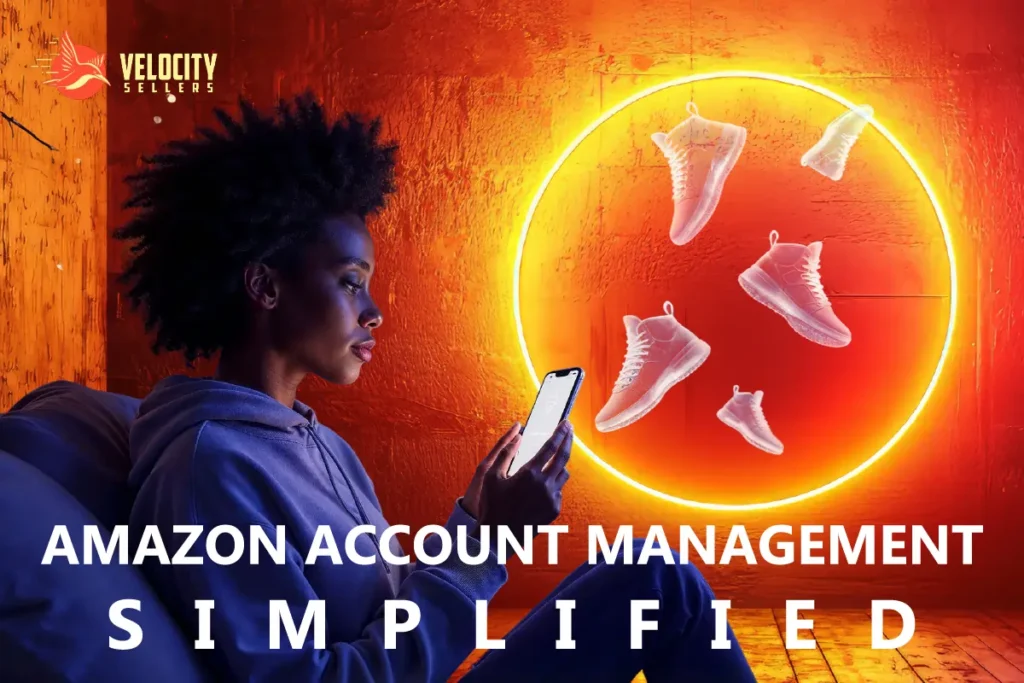 Amazon Account Management made easy – a focused woman reviews her Amazon business on a smartphone as floating sneakers appear in a neon circle, symbolizing streamlined product oversight.