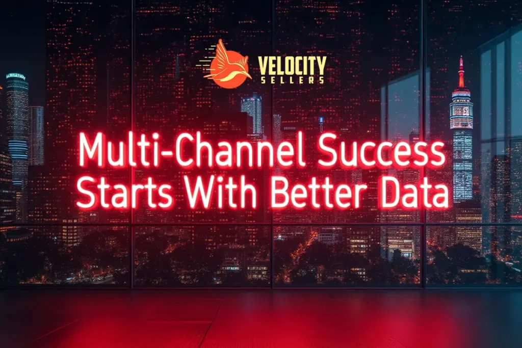 E-commerce Data Management is key to achieving multi-channel success, as highlighted in a glowing neon sign at night.
