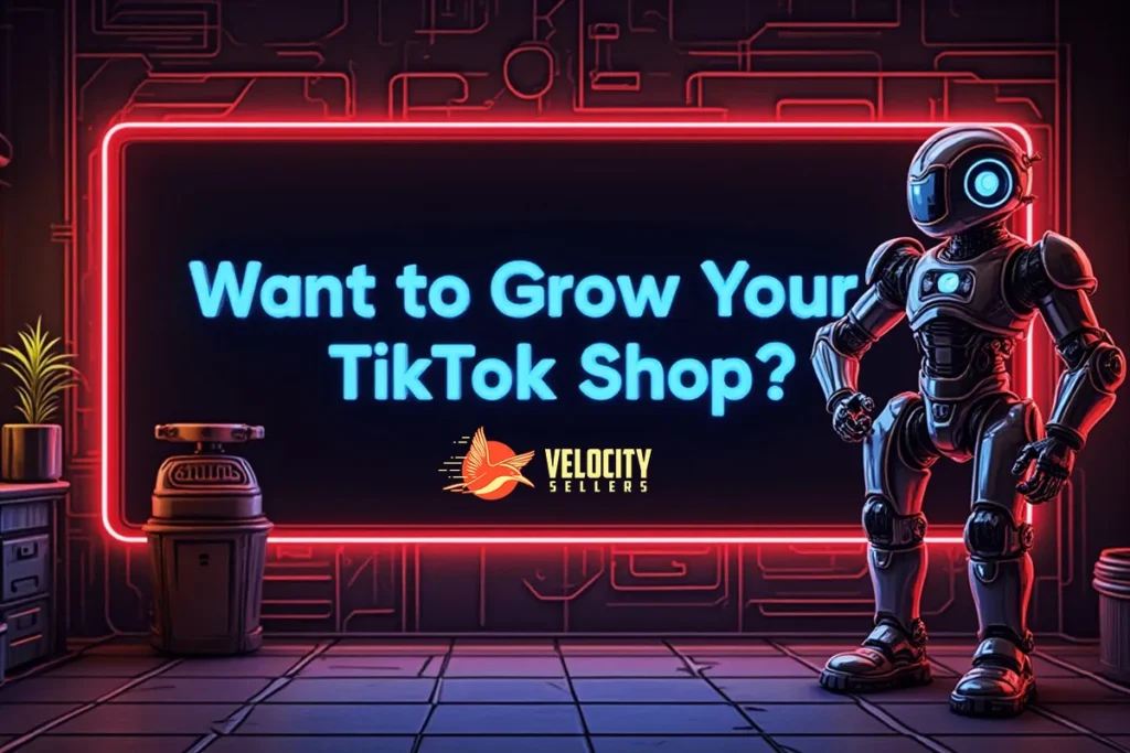 Futuristic robot and neon-lit digital backdrop with a glowing message board that reads “Want to Grow Your TikTok Shop?” promoting Velocity Sellers' e-commerce solutions.