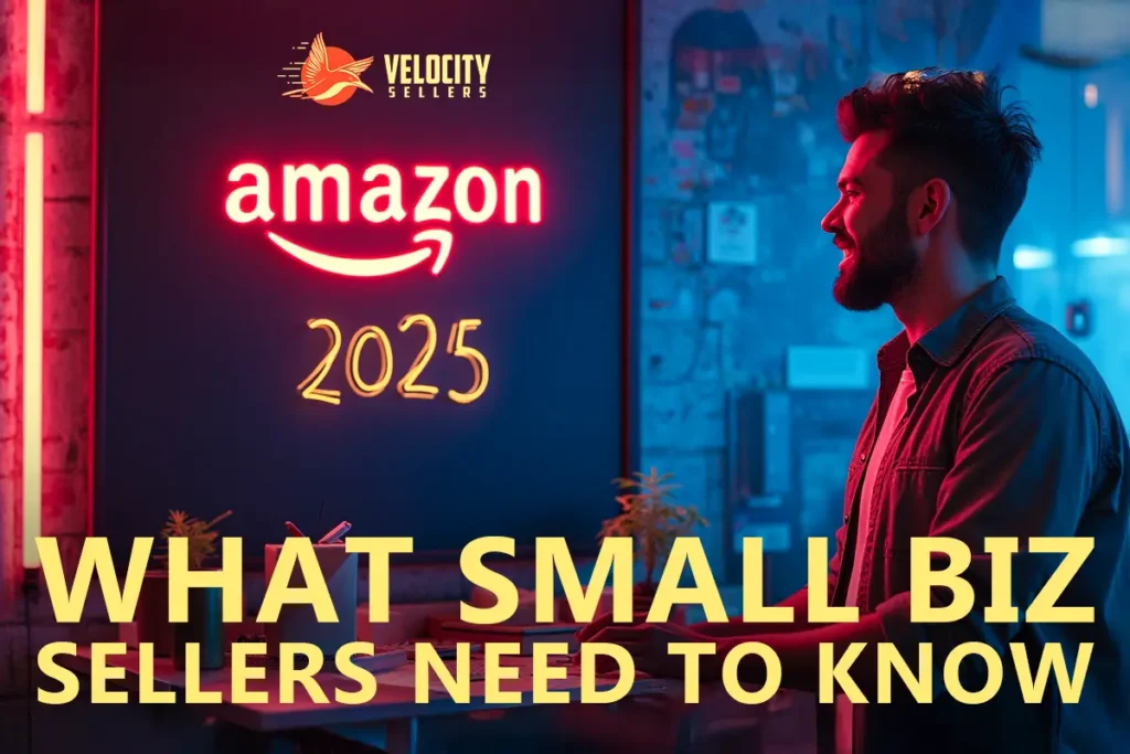 Man standing in a neon-lit workspace looking at a glowing Amazon 2025 sign, highlighting key insights for selling on Amazon as a small business owner.