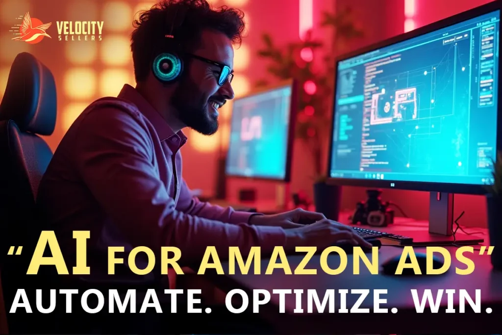 Digital marketer wearing headphones and smiling while optimizing campaigns on multiple screens, representing the power of AI for Amazon Ads to automate and boost ad performance.