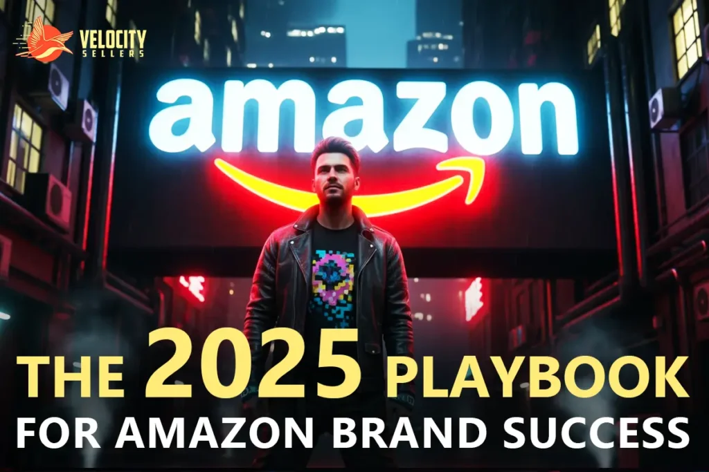 Amazon Brand Strategy 2025 playbook concept showing a confident man in a leather jacket standing under a glowing Amazon logo in a futuristic city street.