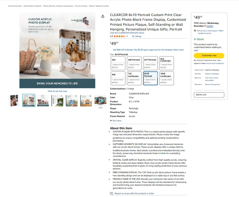 Amazon product page screenshot showing a custom clear acrylic photo display frame with a dog portrait, pricing, size options, and About this item details