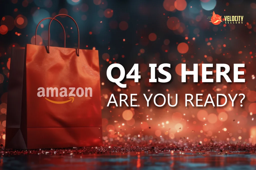 Amazon Q4 holiday season promotion with red shopping bag and festive bokeh lights
