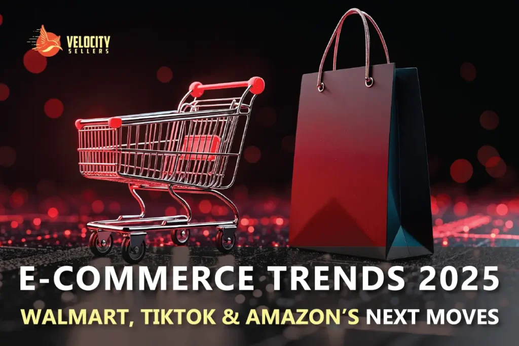 e-commerce trends 2025 showing a shopping cart and a shopping bag symbolizing future retail strategies of Walmart, TikTok, and Amazon