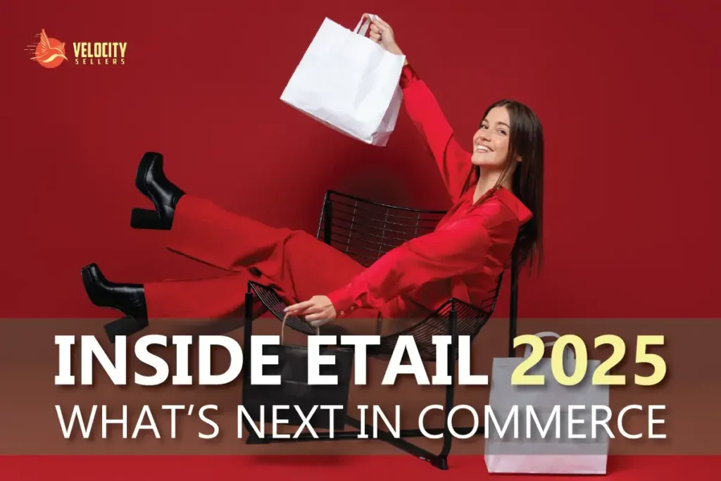 Smiling woman in red outfit holding a shopping bag, sitting playfully on a chair with bold text overlay promoting the E-Tail 2025 Conference and what’s next in commerce.