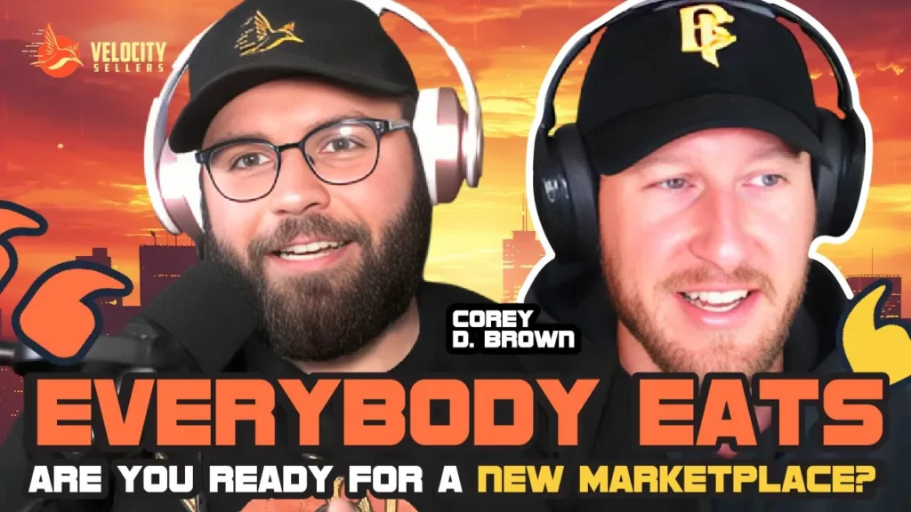 Two podcast hosts wearing headphones speak enthusiastically with microphones against a bright sunset city background. The text overlay says “Everybody Eats – Are You Ready for a New Marketplace?” promoting strategies to grow a brand in 2025.