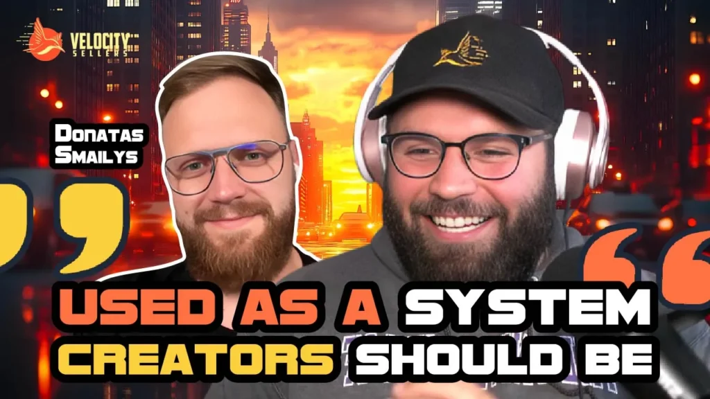 Two smiling creators in a bold city-sunset thumbnail with headline “Creators Should Be Used as a System,” highlighting The Secret Weapon for E-Commerce Growth and the Velocity Sellers brand