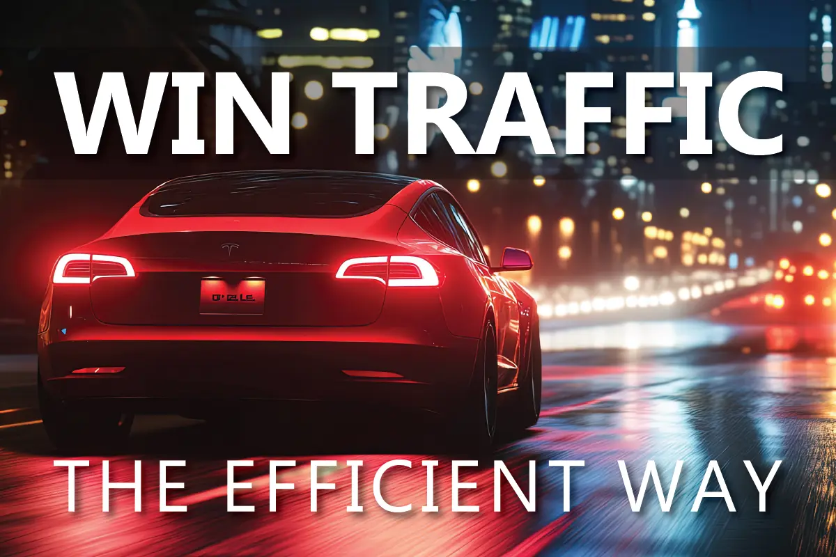Amazon Listing Optimization illustrated by a red electric car speeding through a night city with headline text Win Traffic the Efficient Way