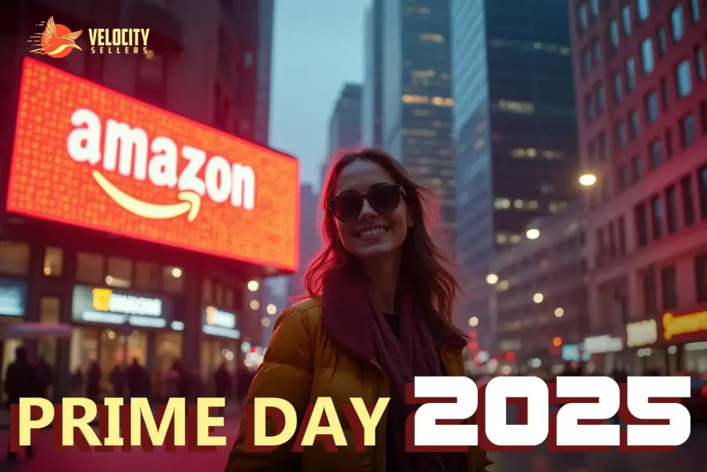 Amazon Prime Day 2025 promotional image featuring a yellow Amazon delivery van on a futuristic neon-lit city street with Velocity Sellers branding.
