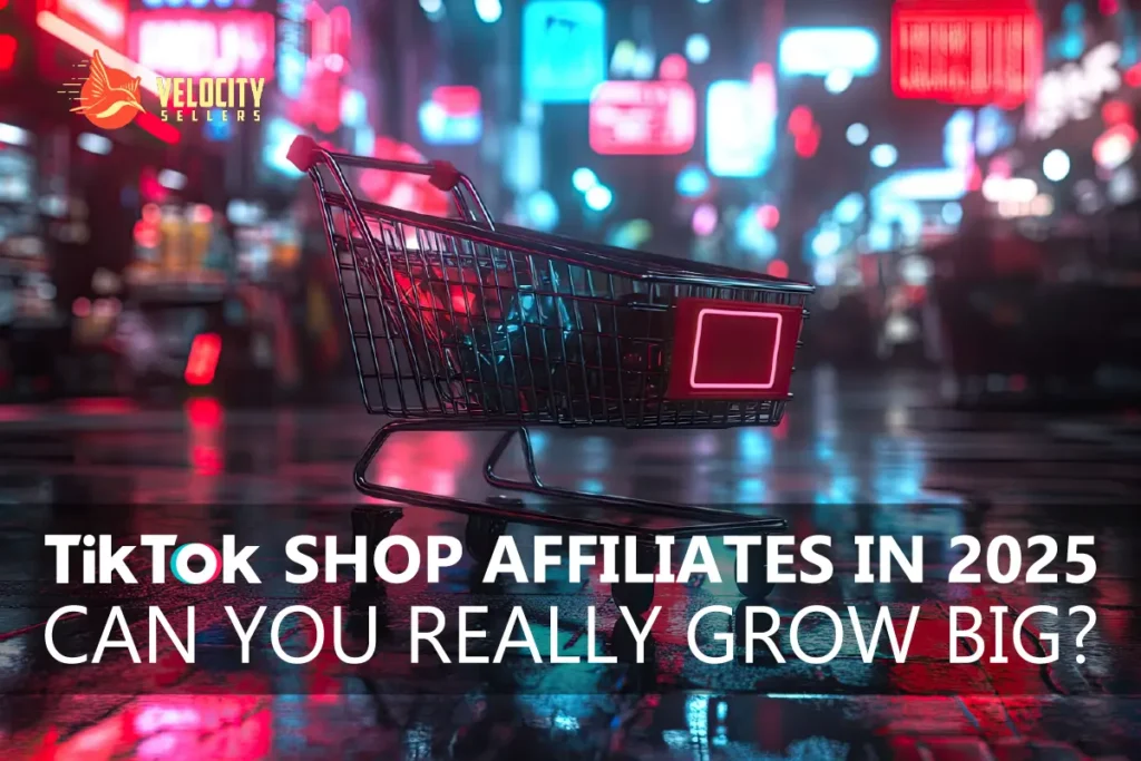 TikTok Shop Affiliate Marketing concept with a neon-lit shopping cart in a rainy city at night, Velocity Sellers branding, headline about scaling affiliates in 2025