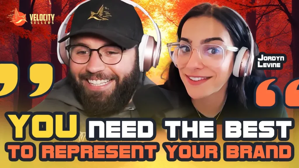 AI in TikTok Marketing discussion featuring two professionals with headphones, smiling against a bright orange background, highlighting the phrase “You need the best to represent your brand.”