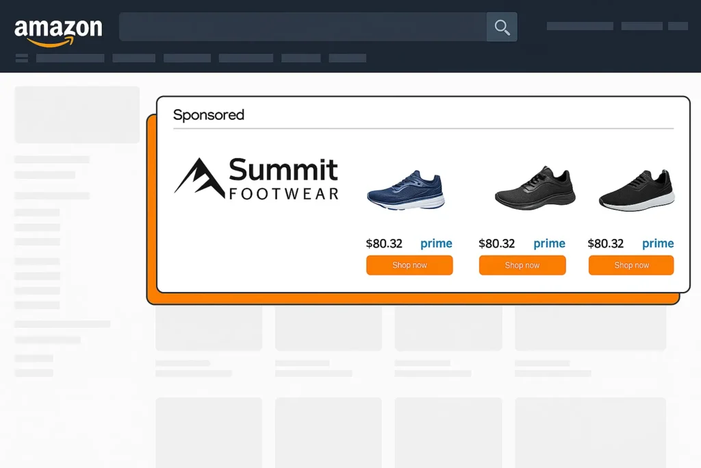 Amazon Sponsored Brand ad example showing a Summit Footwear banner with three running shoes, pricing, and Prime shopping buttons on Amazon’s search results page.