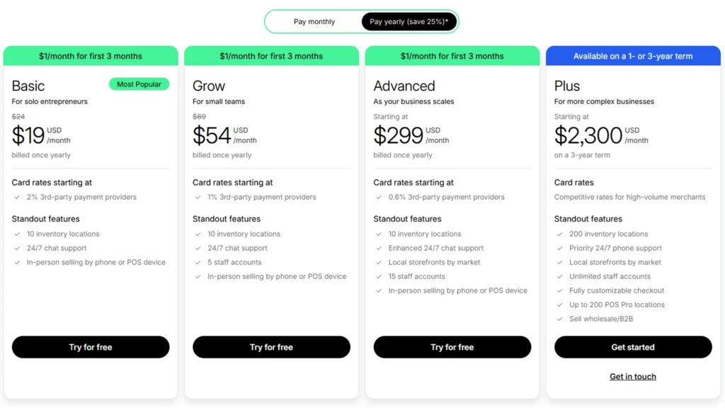 screenshot of shopify plans