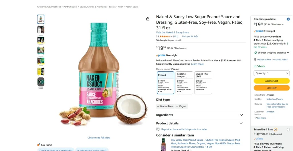 Amazon A+ Content example showing an Amazon product detail page for Naked & Saucy low sugar peanut sauce with coconut and peanuts in the main image