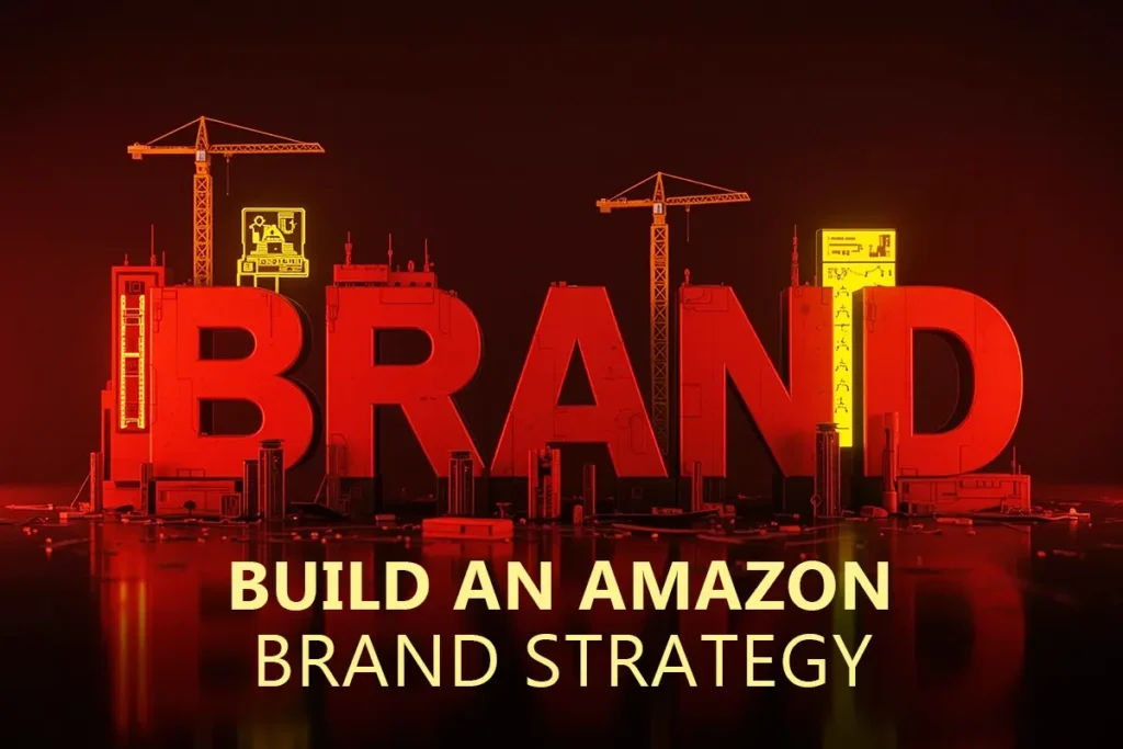 Amazon Brand Strategy concept with cranes constructing giant red BRAND letters above the tagline Build an Amazon Brand Strategy