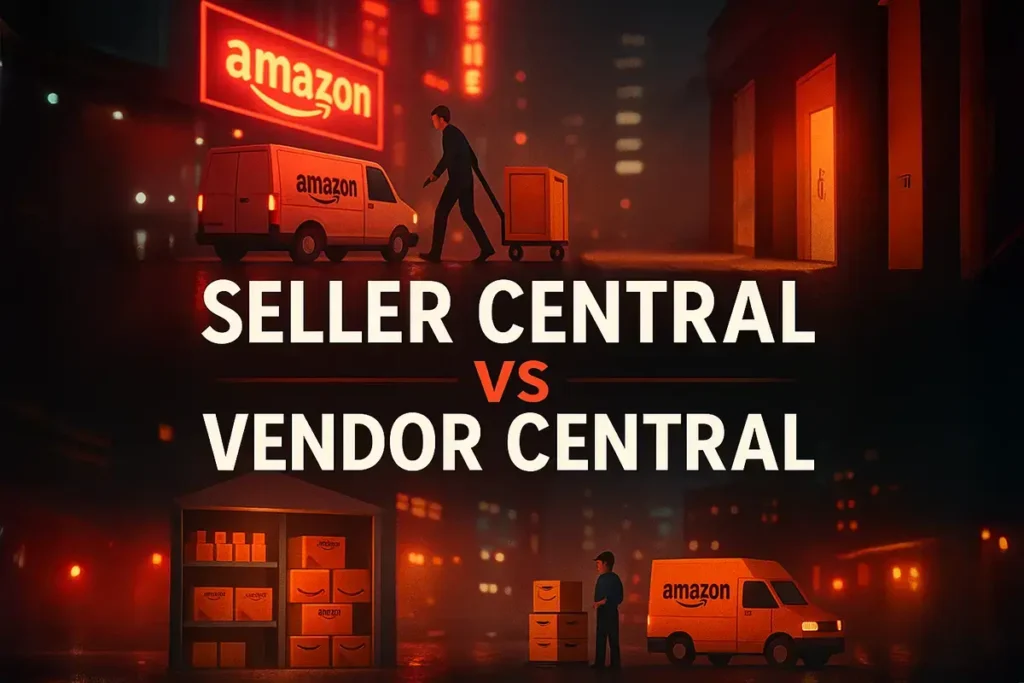 Amazon Vendor vs. Seller comparison showing Seller Central vs Vendor Central with Amazon vans, warehouses, and neon city background