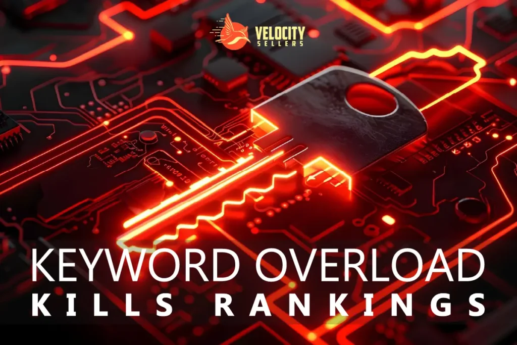 amazon keyword stuffing — glowing red key on a circuit board illustrating how keyword overload kills rankings, Velocity Sellers logo