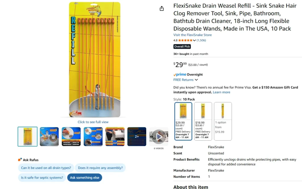 keywords for amazon listing shown on an Amazon product page screenshot of FlexiSnake Drain Weasel Refill 10-pack with title, price, star rating, image gallery, and specs