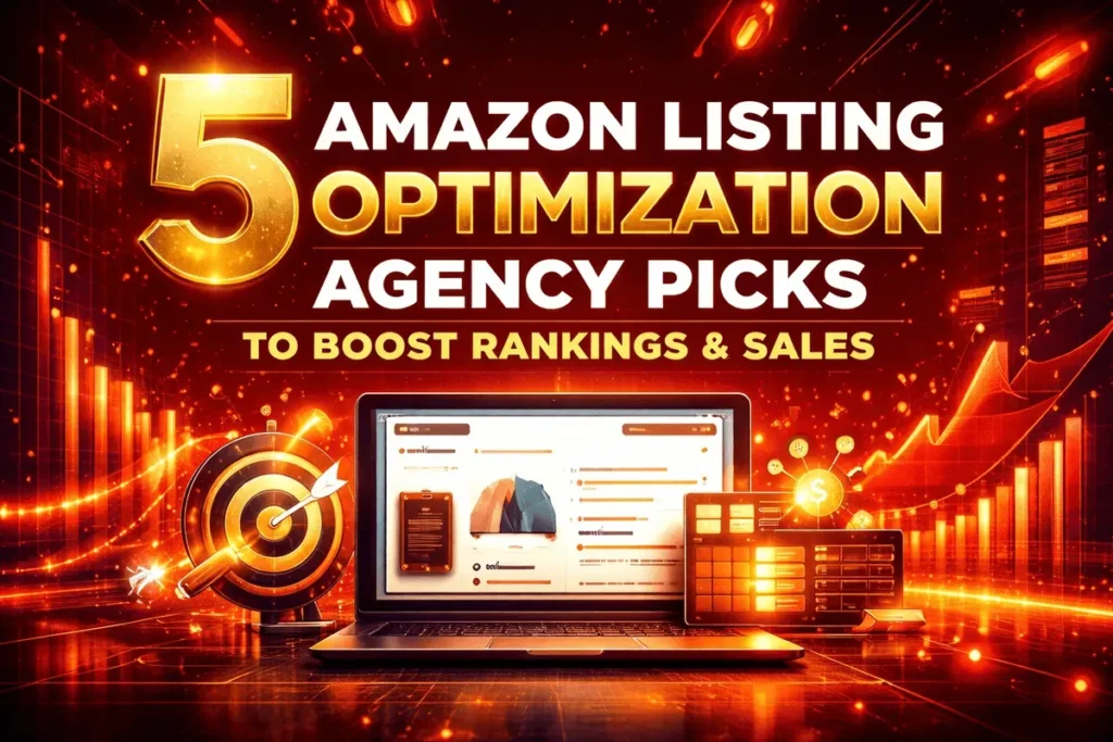 5 Amazon Listing Optimization Agency picks to boost rankings and sales with a laptop product listing, target icon, and glowing performance charts in the background
