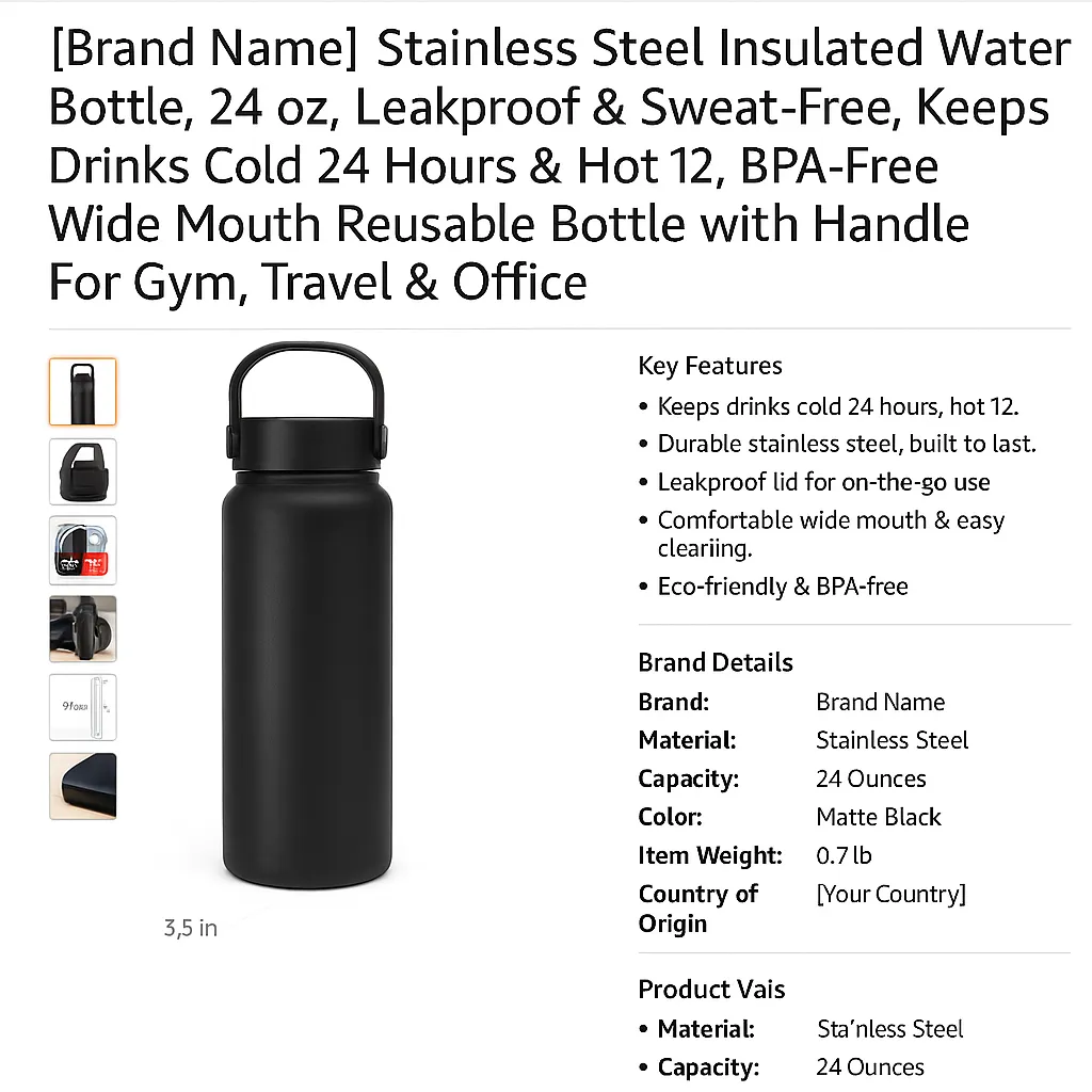 Mock Amazon-style product page showing a matte black stainless steel insulated water bottle with handle, image gallery on the left, and key features, brand details, and product specs listed on the right