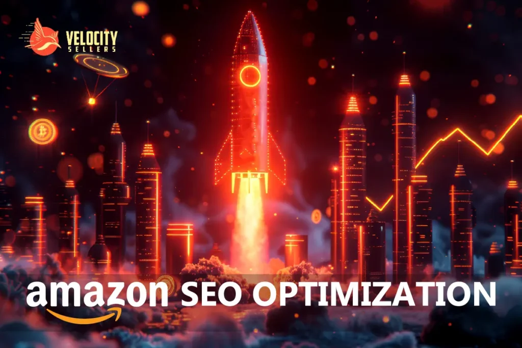 Amazon SEO Optimization concept with a glowing rocket launching above a futuristic city skyline and a rising performance chart